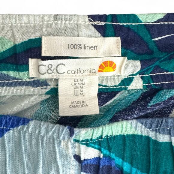 C&C California Wide Leg Cropped Linen Pants Size M Green Blue Tropical Leaf Pant - Picture 5 of 7